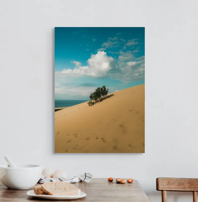 Tablou Canvas, "Planta solitară pe dune pustii", Nisip, Dune, Cer, Nor, Vegetație, Orizont, Albastru, Verde, Pustiu, Natură, 50 x 70 cm – poza 3