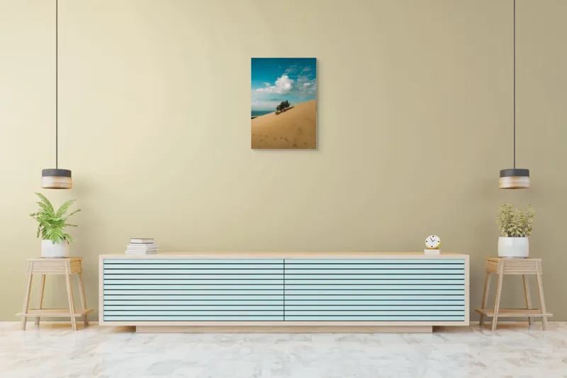 Tablou Canvas, "Planta solitară pe dune pustii", Nisip, Dune, Cer, Nor, Vegetație, Orizont, Albastru, Verde, Pustiu, Natură, 50 x 70 cm – poza 6
