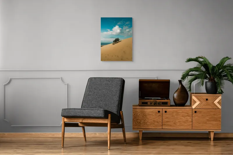Tablou Canvas, "Planta solitară pe dune pustii", Nisip, Dune, Cer, Nor, Vegetație, Orizont, Albastru, Verde, Pustiu, Natură, 50 x 70 cm – poza 8
