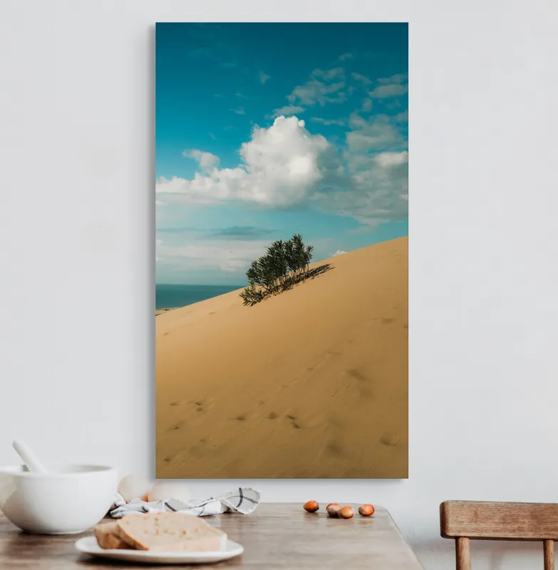 Tablou Canvas, "Planta solitară pe dune pustii", Nisip, Dune, Cer, Nor, Vegetație, Orizont, Albastru, Verde, Pustiu, Natură, 50 x 90 cm – poza 3