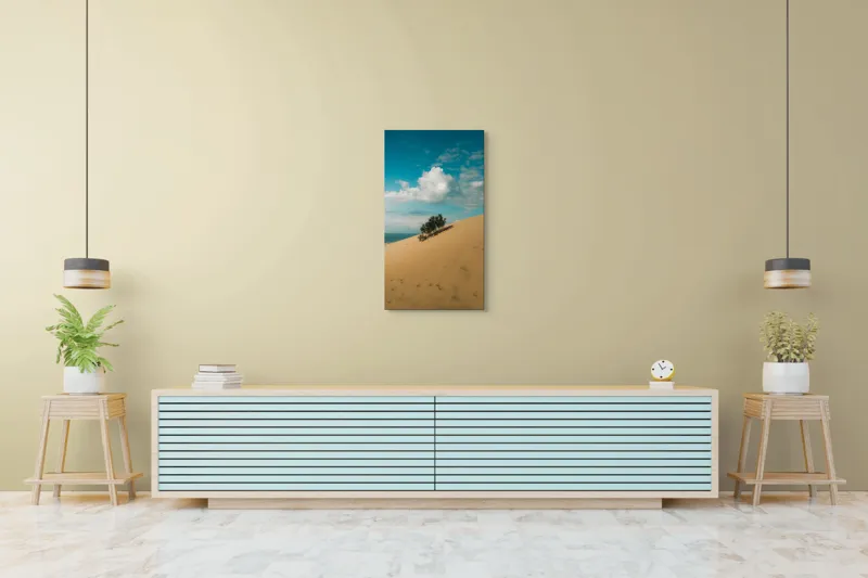Tablou Canvas, "Planta solitară pe dune pustii", Nisip, Dune, Cer, Nor, Vegetație, Orizont, Albastru, Verde, Pustiu, Natură, 50 x 90 cm – poza 6