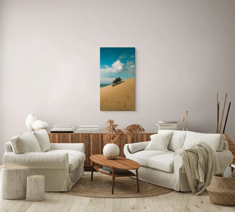 Tablou Canvas, "Planta solitară pe dune pustii", Nisip, Dune, Cer, Nor, Vegetație, Orizont, Albastru, Verde, Pustiu, Natură, 50 x 90 cm – poza 7