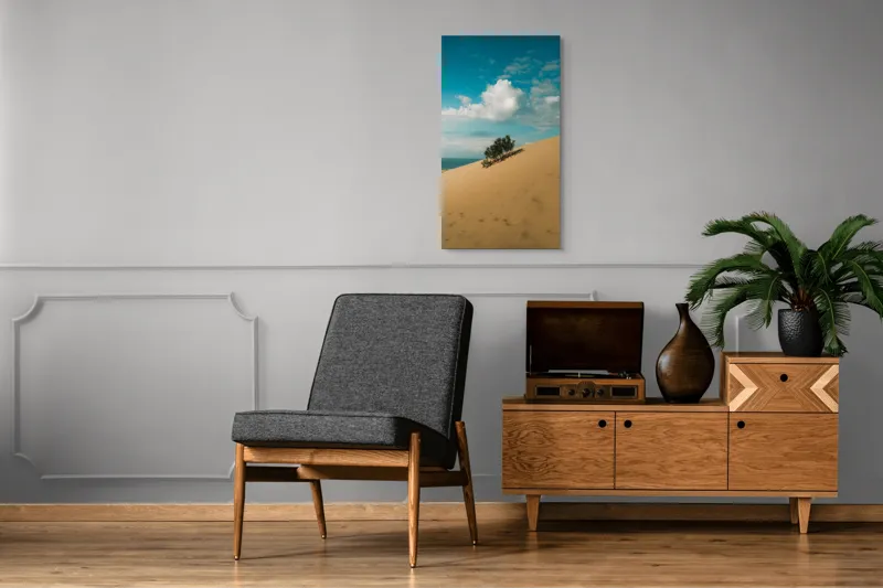 Tablou Canvas, "Planta solitară pe dune pustii", Nisip, Dune, Cer, Nor, Vegetație, Orizont, Albastru, Verde, Pustiu, Natură, 50 x 90 cm – poza 8