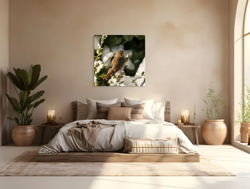 Tablou Canvas, "Pasărea cântătoare în zăpada proaspătă", Pasăre, Zăpadă, Natură, Ramuri, Frunze, Verde, Frig, Iarnă, Peisaj, Delicat, 100 x 100 cm – poza 4