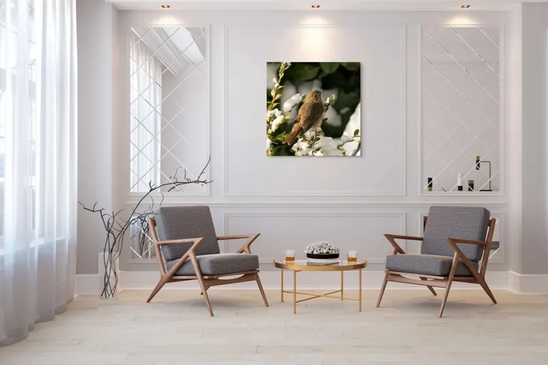 Tablou Canvas, "Pasărea cântătoare în zăpada proaspătă", Pasăre, Zăpadă, Natură, Ramuri, Frunze, Verde, Frig, Iarnă, Peisaj, Delicat, 100 x 100 cm – poza 7