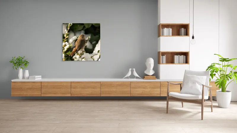 Tablou Canvas, "Pasărea cântătoare în zăpada proaspătă", Pasăre, Zăpadă, Natură, Ramuri, Frunze, Verde, Frig, Iarnă, Peisaj, Delicat, 100 x 100 cm – poza 8