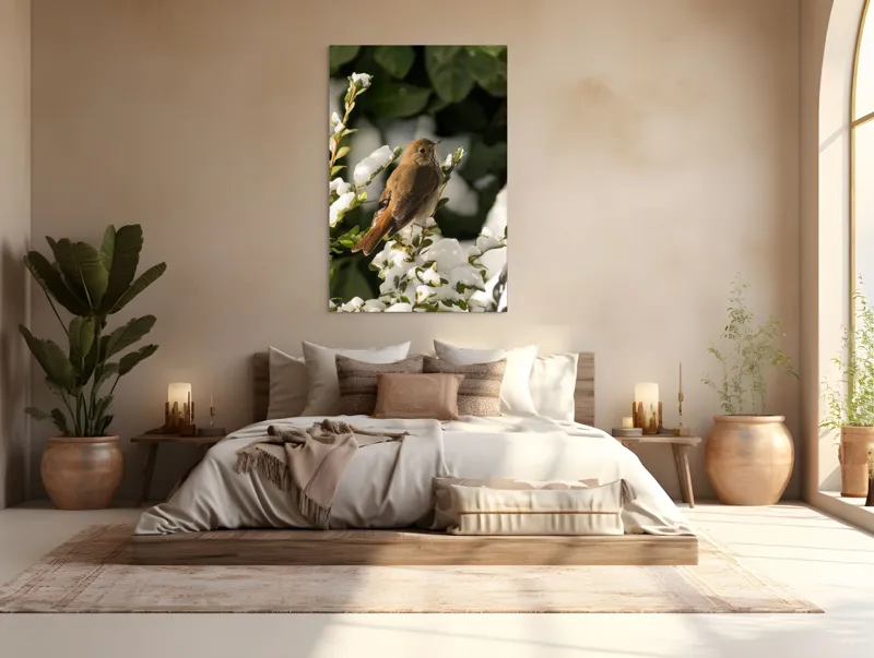 Tablou Canvas, "Pasărea cântătoare în zăpada proaspătă", Pasăre, Zăpadă, Natură, Ramuri, Frunze, Verde, Frig, Iarnă, Peisaj, Delicat, 100 x 150 cm – poza 3