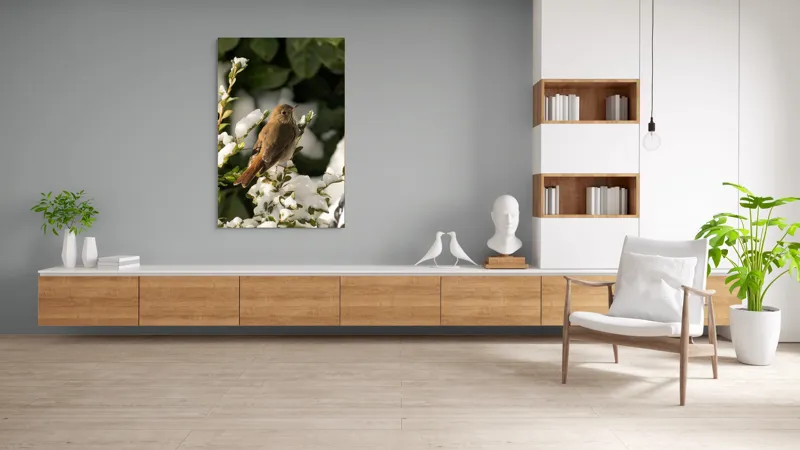 Tablou Canvas, "Pasărea cântătoare în zăpada proaspătă", Pasăre, Zăpadă, Natură, Ramuri, Frunze, Verde, Frig, Iarnă, Peisaj, Delicat, 100 x 150 cm – poza 8
