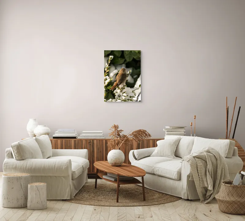 Tablou Canvas, "Pasărea cântătoare în zăpada proaspătă", Pasăre, Zăpadă, Natură, Ramuri, Frunze, Verde, Frig, Iarnă, Peisaj, Delicat, 50 x 70 cm – poza 4