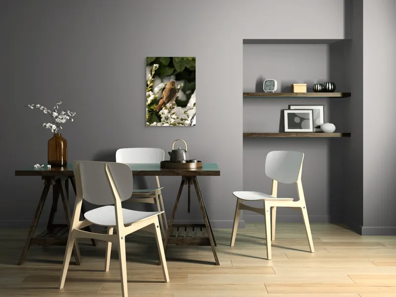 Tablou Canvas, "Pasărea cântătoare în zăpada proaspătă", Pasăre, Zăpadă, Natură, Ramuri, Frunze, Verde, Frig, Iarnă, Peisaj, Delicat, 50 x 70 cm – poza 5
