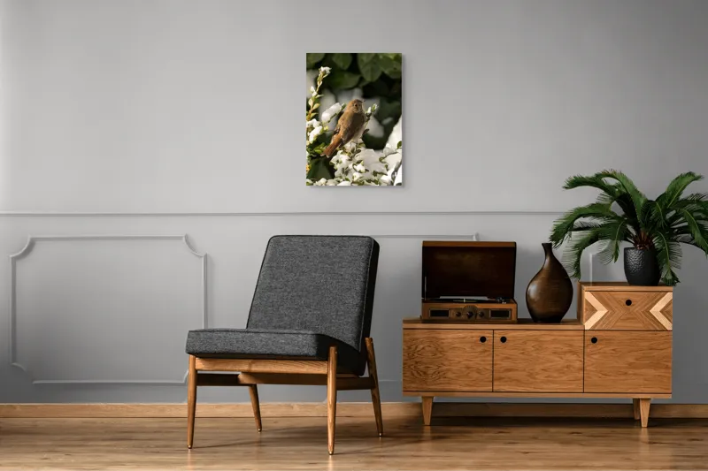 Tablou Canvas, "Pasărea cântătoare în zăpada proaspătă", Pasăre, Zăpadă, Natură, Ramuri, Frunze, Verde, Frig, Iarnă, Peisaj, Delicat, 50 x 70 cm – poza 8
