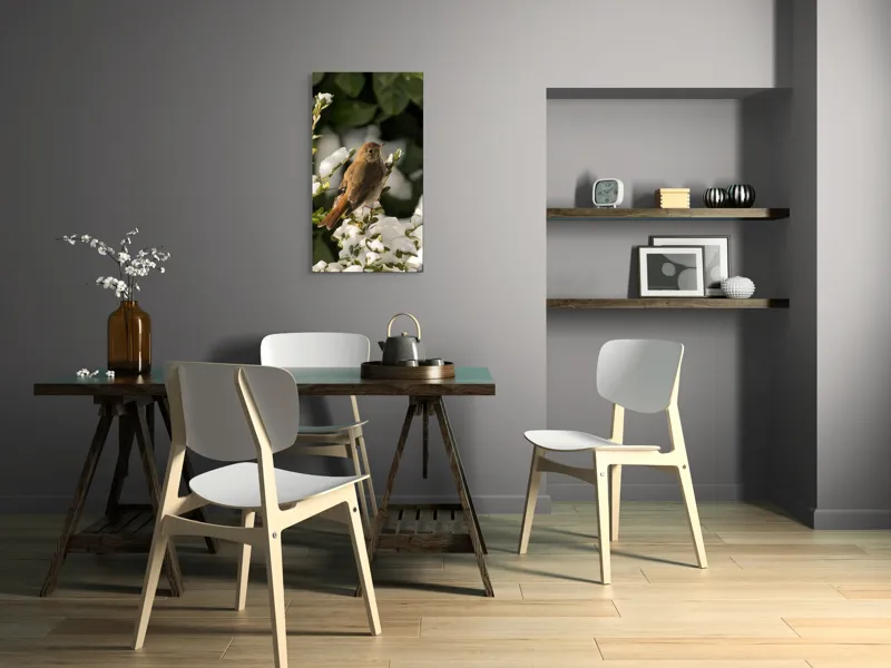 Tablou Canvas, "Pasărea cântătoare în zăpada proaspătă", Pasăre, Zăpadă, Natură, Ramuri, Frunze, Verde, Frig, Iarnă, Peisaj, Delicat, 50 x 90 cm – poza 4