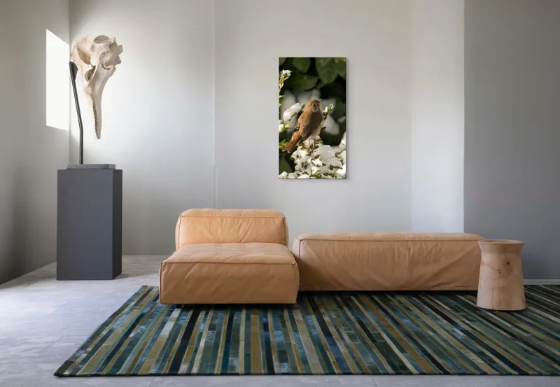 Tablou Canvas, "Pasărea cântătoare în zăpada proaspătă", Pasăre, Zăpadă, Natură, Ramuri, Frunze, Verde, Frig, Iarnă, Peisaj, Delicat, 50 x 90 cm – poza 5