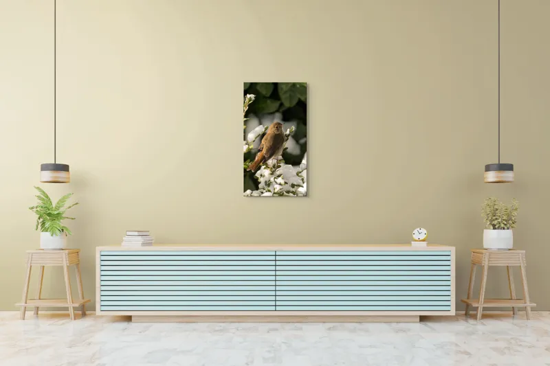 Tablou Canvas, "Pasărea cântătoare în zăpada proaspătă", Pasăre, Zăpadă, Natură, Ramuri, Frunze, Verde, Frig, Iarnă, Peisaj, Delicat, 50 x 90 cm – poza 6