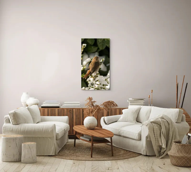 Tablou Canvas, "Pasărea cântătoare în zăpada proaspătă", Pasăre, Zăpadă, Natură, Ramuri, Frunze, Verde, Frig, Iarnă, Peisaj, Delicat, 50 x 90 cm – poza 7
