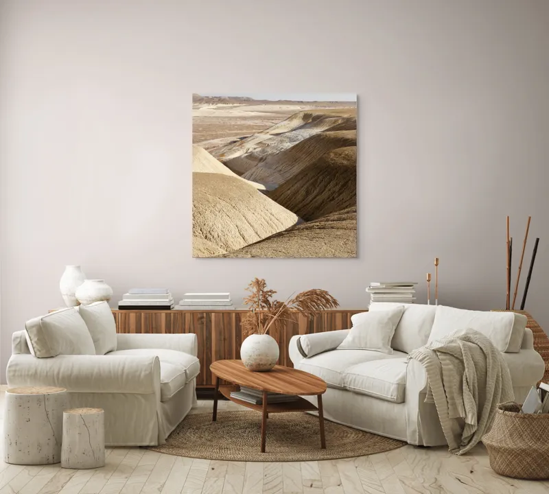 Tablou Canvas, "Peisaj arid cu dealuri albicioase", Vastă, Deșertică, Aridă, Ondulată, Izolată, Selenară, Strălucitoare, Calmă, Eternă, Tăcută, 100 x 100 cm – poza 3