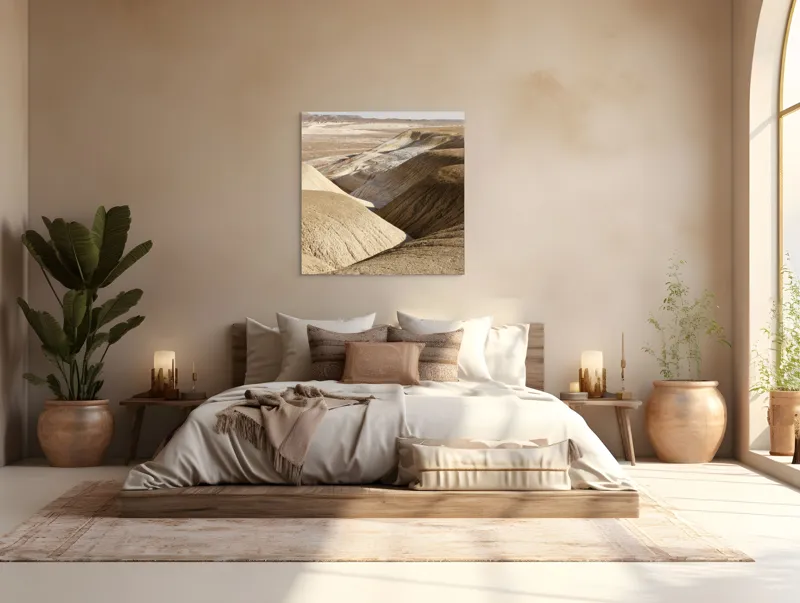 Tablou Canvas, "Peisaj arid cu dealuri albicioase", Vastă, Deșertică, Aridă, Ondulată, Izolată, Selenară, Strălucitoare, Calmă, Eternă, Tăcută, 100 x 100 cm – poza 4