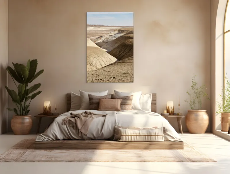 Tablou Canvas, "Peisaj arid cu dealuri albicioase", Vastă, Deșertică, Aridă, Ondulată, Izolată, Selenară, Strălucitoare, Calmă, Eternă, Tăcută, 100 x 150 cm – poza 3