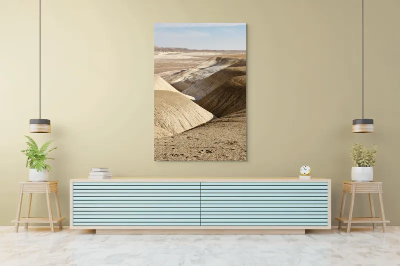 Tablou Canvas, "Peisaj arid cu dealuri albicioase", Vastă, Deșertică, Aridă, Ondulată, Izolată, Selenară, Strălucitoare, Calmă, Eternă, Tăcută, 100 x 150 cm – poza 4