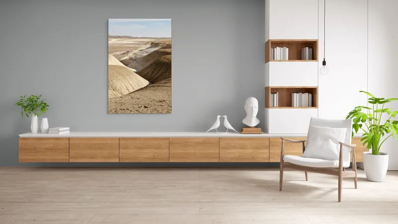 Tablou Canvas, "Peisaj arid cu dealuri albicioase", Vastă, Deșertică, Aridă, Ondulată, Izolată, Selenară, Strălucitoare, Calmă, Eternă, Tăcută, 100 x 150 cm – poza 8