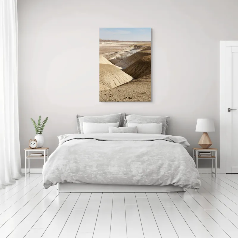 Tablou Canvas, "Peisaj arid cu dealuri albicioase", Vastă, Deșertică, Aridă, Ondulată, Izolată, Selenară, Strălucitoare, Calmă, Eternă, Tăcută, 70 x 100 cm – poza 3
