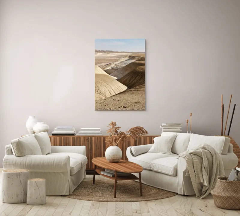 Tablou Canvas, "Peisaj arid cu dealuri albicioase", Vastă, Deșertică, Aridă, Ondulată, Izolată, Selenară, Strălucitoare, Calmă, Eternă, Tăcută, 70 x 100 cm – poza 4