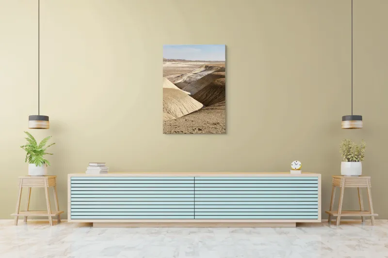 Tablou Canvas, "Peisaj arid cu dealuri albicioase", Vastă, Deșertică, Aridă, Ondulată, Izolată, Selenară, Strălucitoare, Calmă, Eternă, Tăcută, 70 x 100 cm – poza 5
