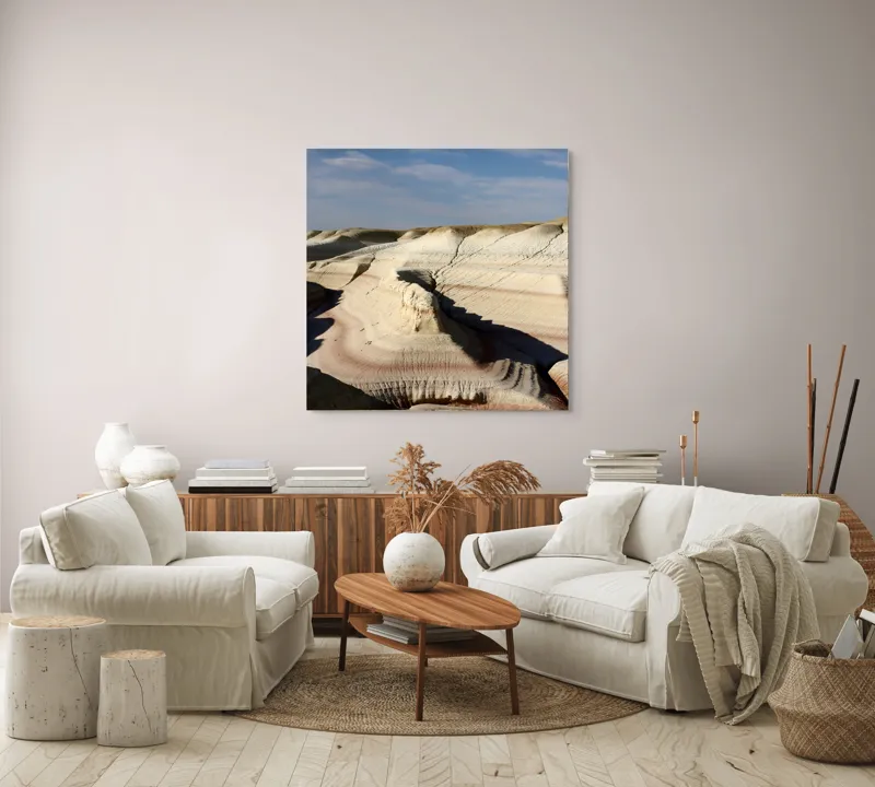 Tablou Canvas, "Pământ sculptat de vânt și timp", Peisaj, Eroziune, Stratificare, Nuanțe, Deșert, Forme, Naturale, Cer, Ușor, Nori., 100 x 100 cm – poza 3