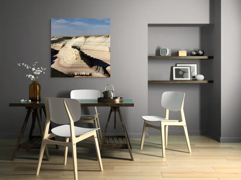 Tablou Canvas, "Pământ sculptat de vânt și timp", Peisaj, Eroziune, Stratificare, Nuanțe, Deșert, Forme, Naturale, Cer, Ușor, Nori., 100 x 100 cm – poza 6