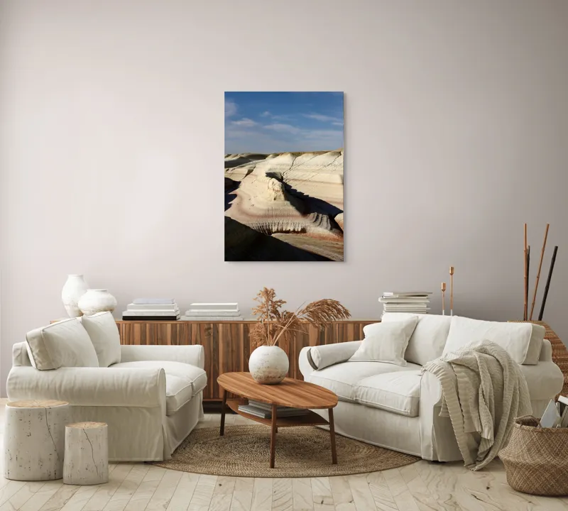Tablou Canvas, "Pământ sculptat de vânt și timp", Peisaj, Eroziune, Stratificare, Nuanțe, Deșert, Forme, Naturale, Cer, Ușor, Nori., 70 x 100 cm – poza 4