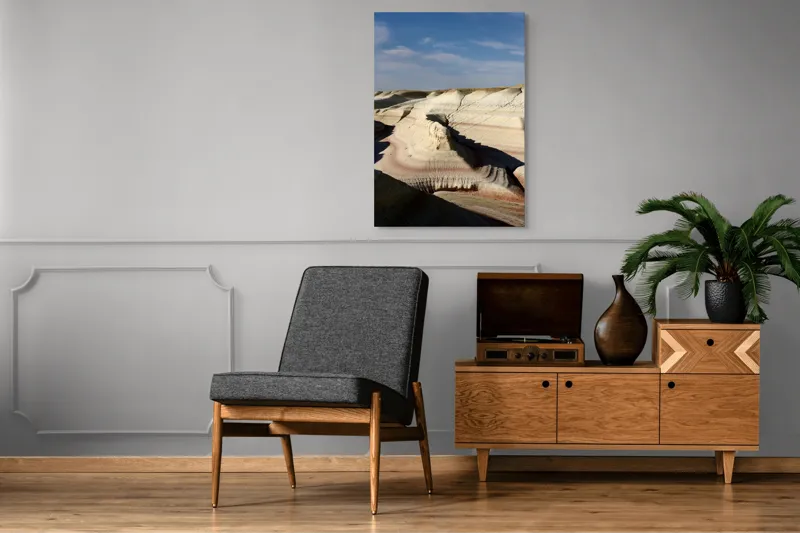 Tablou Canvas, "Pământ sculptat de vânt și timp", Peisaj, Eroziune, Stratificare, Nuanțe, Deșert, Forme, Naturale, Cer, Ușor, Nori., 70 x 100 cm – poza 6