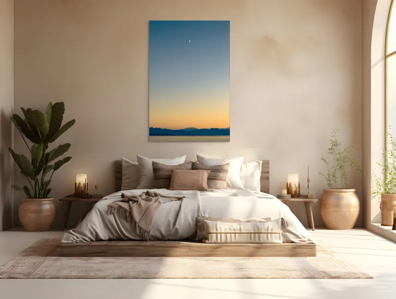 Tablou Canvas, "Lună peste orizontul albastru-auriu", Lună, Cer, Amurg, Munți, Lumină, Siluetă, Calm, Răsărit, Frumusețe, 100 x 150 cm – poza 3