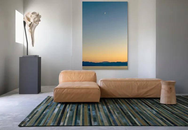 Tablou Canvas, "Lună peste orizontul albastru-auriu", Lună, Cer, Amurg, Munți, Lumină, Siluetă, Calm, Răsărit, Frumusețe, 100 x 150 cm – poza 7