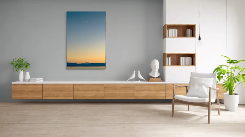 Tablou Canvas, "Lună peste orizontul albastru-auriu", Lună, Cer, Amurg, Munți, Lumină, Siluetă, Calm, Răsărit, Frumusețe, 100 x 150 cm – poza 8