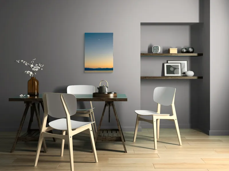 Tablou Canvas, "Lună peste orizontul albastru-auriu", Lună, Cer, Amurg, Munți, Lumină, Siluetă, Calm, Răsărit, Frumusețe, 50 x 70 cm – poza 5