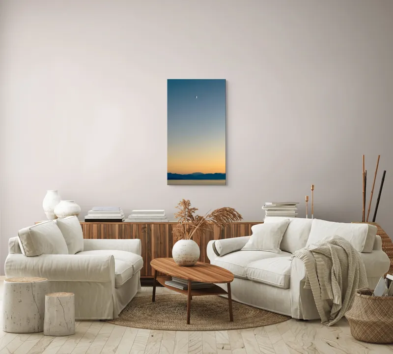 Tablou Canvas, "Lună peste orizontul albastru-auriu", Lună, Cer, Amurg, Munți, Lumină, Siluetă, Calm, Răsărit, Frumusețe, 50 x 90 cm – poza 7