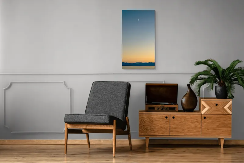 Tablou Canvas, "Lună peste orizontul albastru-auriu", Lună, Cer, Amurg, Munți, Lumină, Siluetă, Calm, Răsărit, Frumusețe, 50 x 90 cm – poza 8