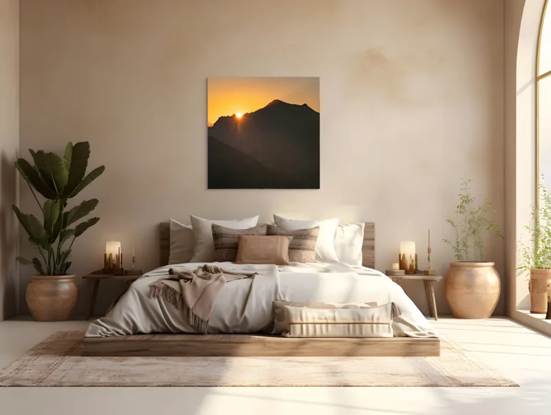 Tablou Canvas, "Răsărit peste munții întunecați", Apus, Munți, Siluete, Lumină, Cer, Portocaliu, Culori, Peisaj, Natură, Umbre, 100 x 100 cm – poza 4
