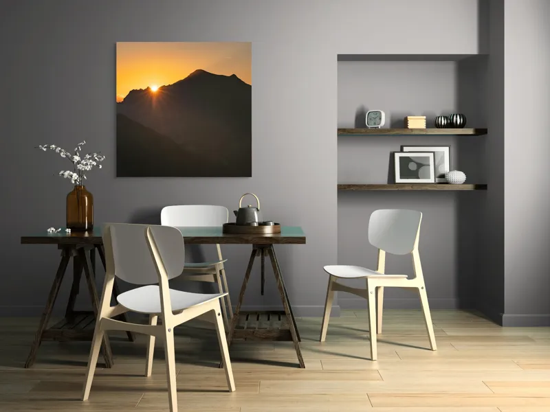 Tablou Canvas, "Răsărit peste munții întunecați", Apus, Munți, Siluete, Lumină, Cer, Portocaliu, Culori, Peisaj, Natură, Umbre, 100 x 100 cm – poza 6