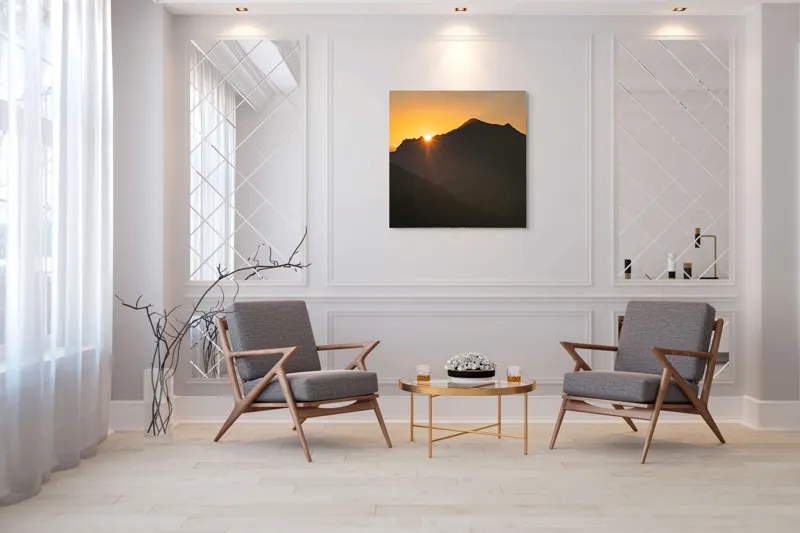 Tablou Canvas, "Răsărit peste munții întunecați", Apus, Munți, Siluete, Lumină, Cer, Portocaliu, Culori, Peisaj, Natură, Umbre, 100 x 100 cm – poza 7