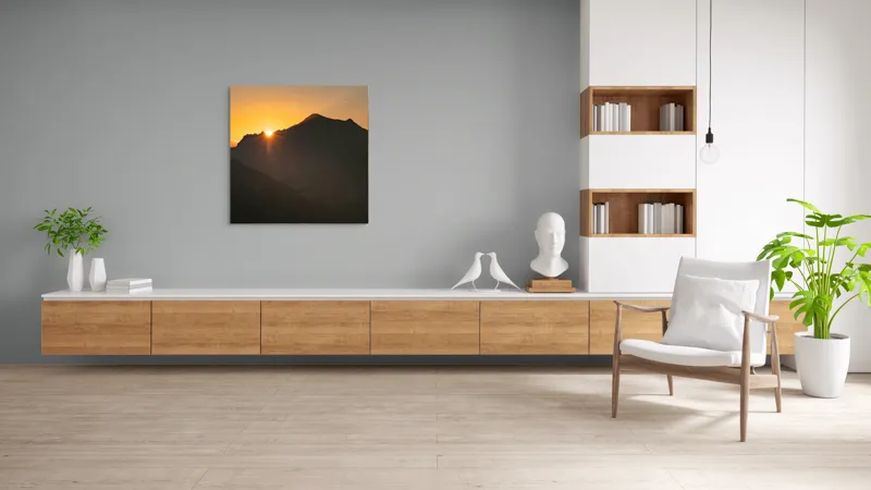 Tablou Canvas, "Răsărit peste munții întunecați", Apus, Munți, Siluete, Lumină, Cer, Portocaliu, Culori, Peisaj, Natură, Umbre, 100 x 100 cm – poza 8