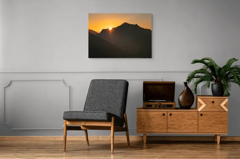 Tablou Canvas, "Răsărit peste munții întunecați", Apus, Munți, Siluete, Lumină, Cer, Portocaliu, Culori, Peisaj, Natură, Umbre, 100 x 70 cm – poza 8