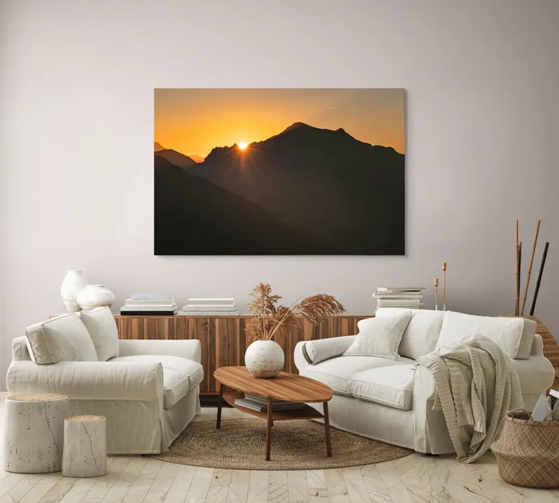 Tablou Canvas, "Răsărit peste munții întunecați", Apus, Munți, Siluete, Lumină, Cer, Portocaliu, Culori, Peisaj, Natură, Umbre, 150 x 100 cm – poza 3