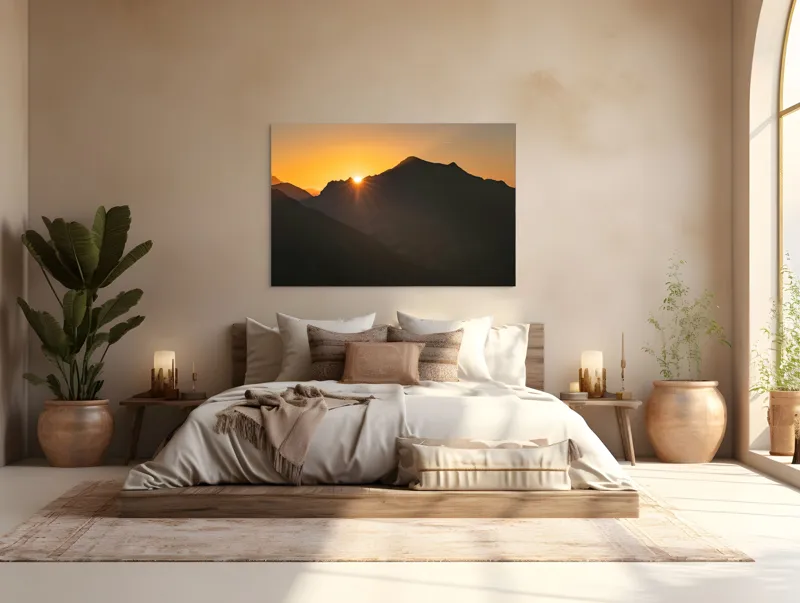Tablou Canvas, "Răsărit peste munții întunecați", Apus, Munți, Siluete, Lumină, Cer, Portocaliu, Culori, Peisaj, Natură, Umbre, 150 x 100 cm – poza 4