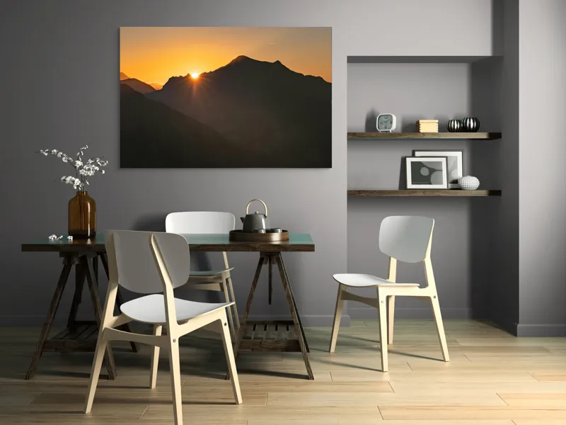 Tablou Canvas, "Răsărit peste munții întunecați", Apus, Munți, Siluete, Lumină, Cer, Portocaliu, Culori, Peisaj, Natură, Umbre, 150 x 100 cm – poza 5