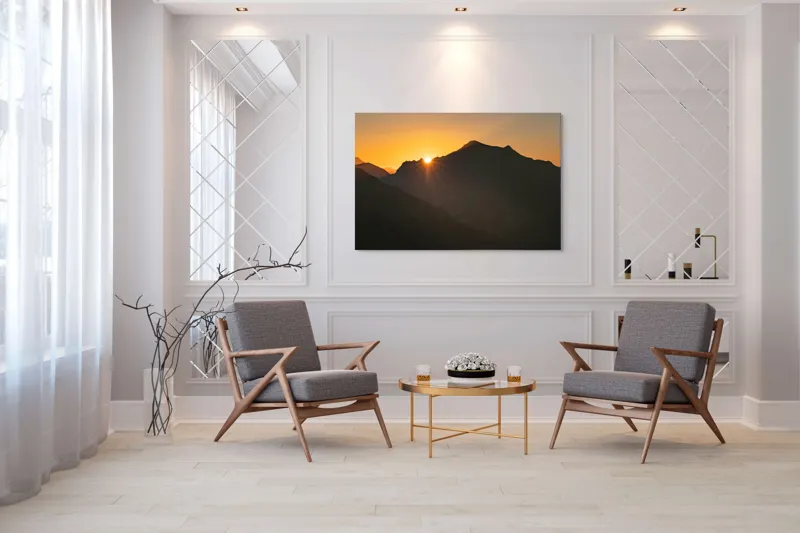 Tablou Canvas, "Răsărit peste munții întunecați", Apus, Munți, Siluete, Lumină, Cer, Portocaliu, Culori, Peisaj, Natură, Umbre, 150 x 100 cm – poza 7