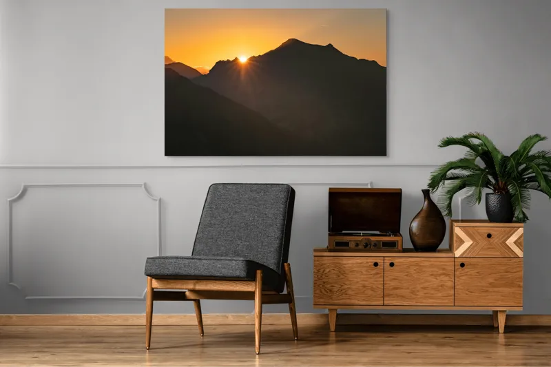 Tablou Canvas, "Răsărit peste munții întunecați", Apus, Munți, Siluete, Lumină, Cer, Portocaliu, Culori, Peisaj, Natură, Umbre, 150 x 100 cm – poza 8