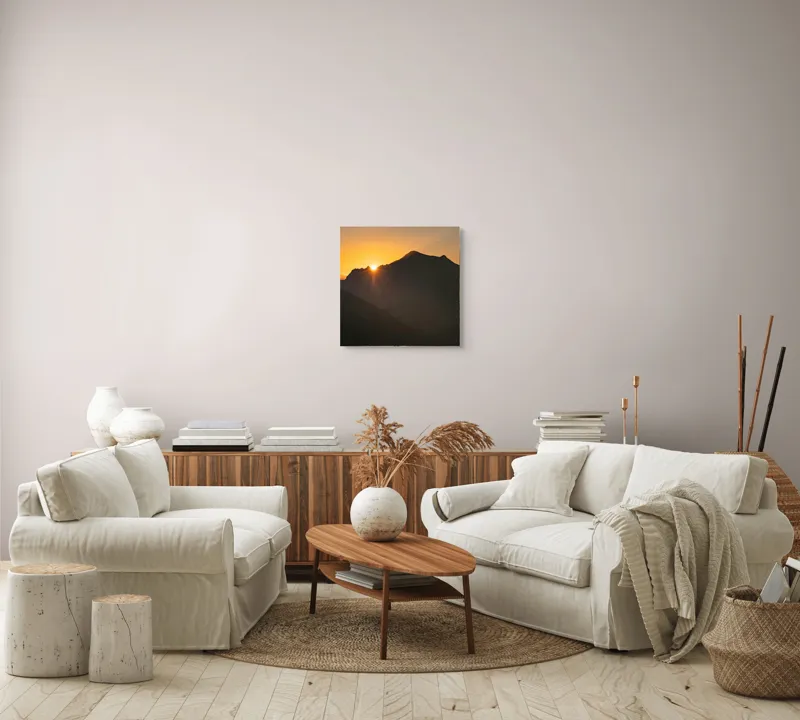 Tablou Canvas, "Răsărit peste munții întunecați", Apus, Munți, Siluete, Lumină, Cer, Portocaliu, Culori, Peisaj, Natură, Umbre, 50 x 50 cm – poza 7