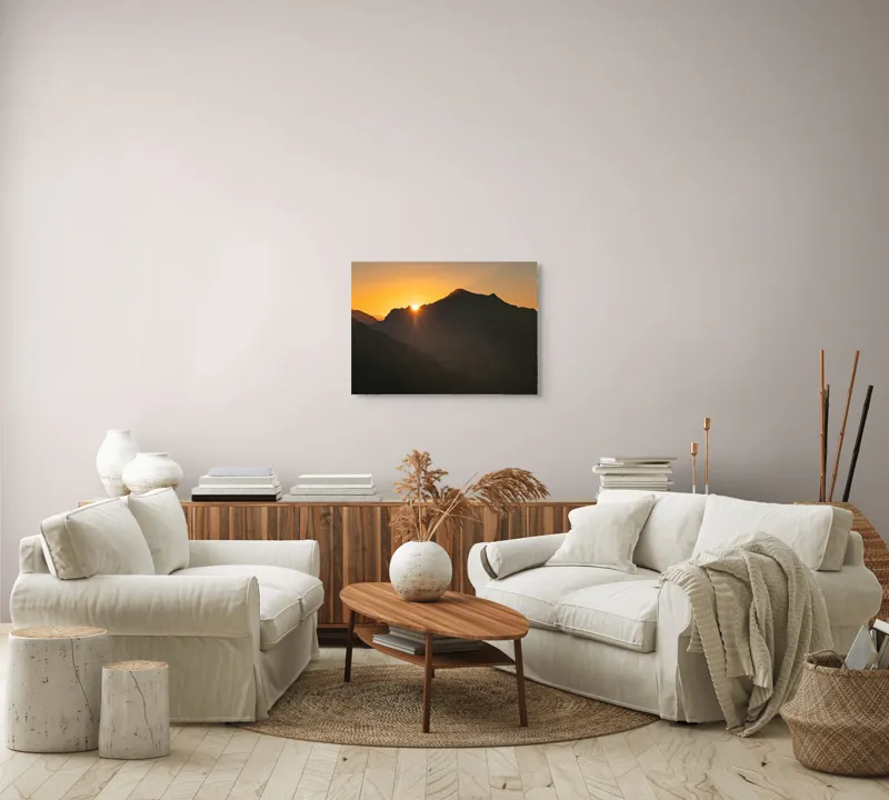 Tablou Canvas, "Răsărit peste munții întunecați", Apus, Munți, Siluete, Lumină, Cer, Portocaliu, Culori, Peisaj, Natură, Umbre, 70 x 50 cm – poza 6