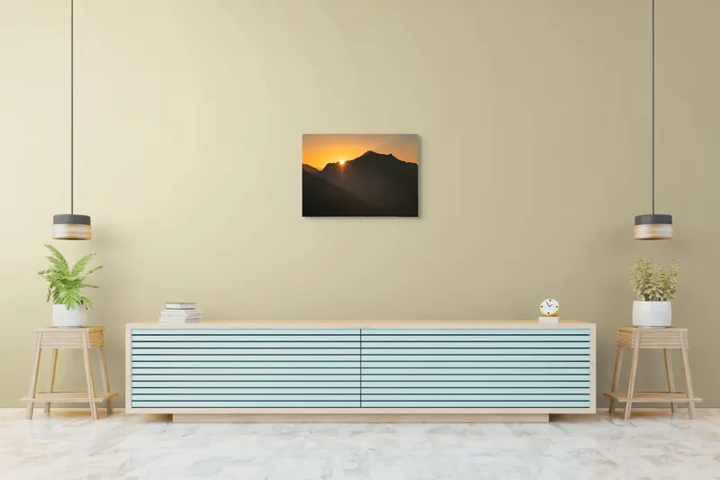 Tablou Canvas, "Răsărit peste munții întunecați", Apus, Munți, Siluete, Lumină, Cer, Portocaliu, Culori, Peisaj, Natură, Umbre, 70 x 50 cm – poza 7